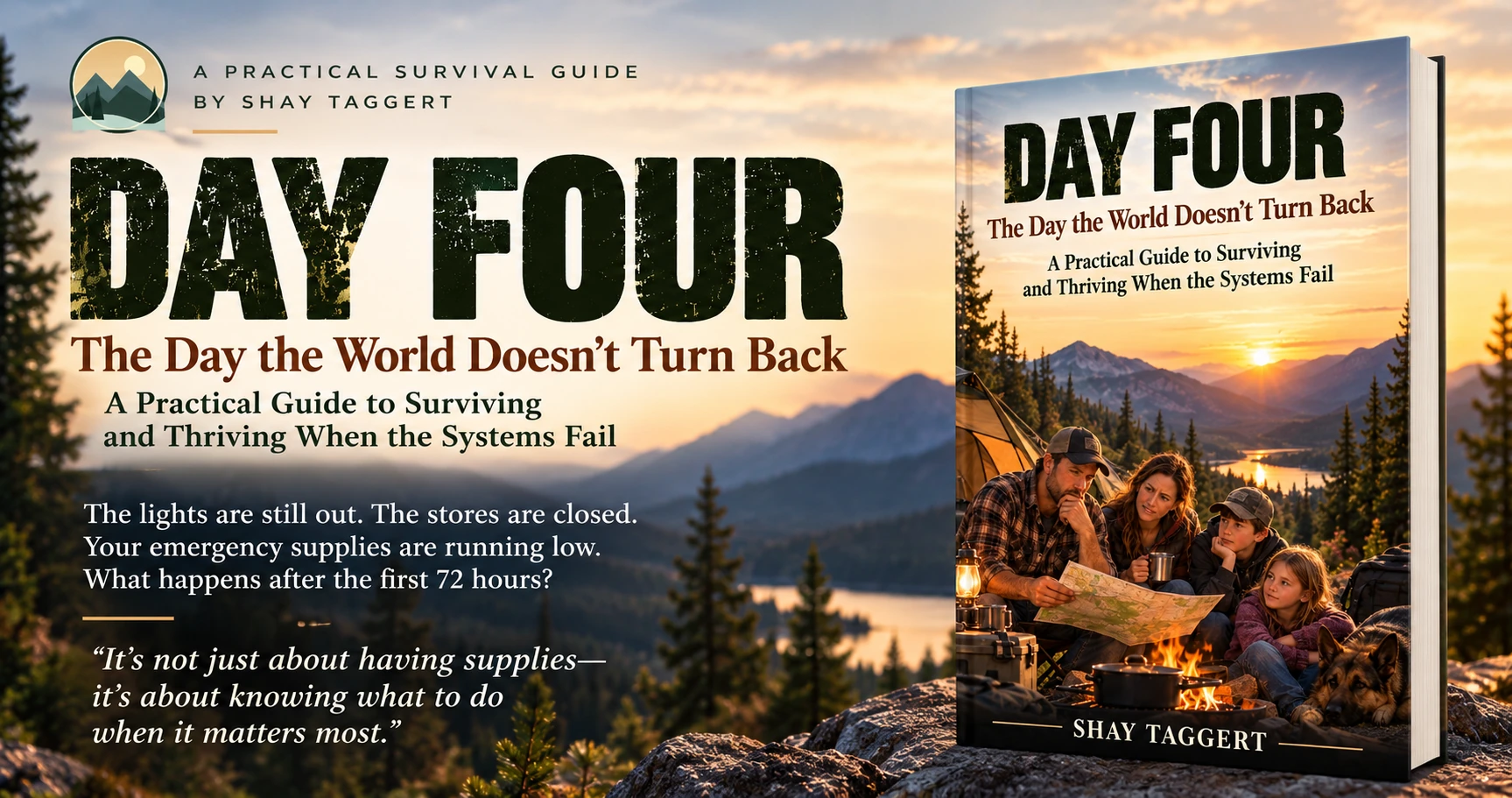Day Four, The Day the World Doesn’t Turn Back. A practical survival guide by Shay Taggert. Mountain sunset and the book cover showing a family planning at a campsite.
